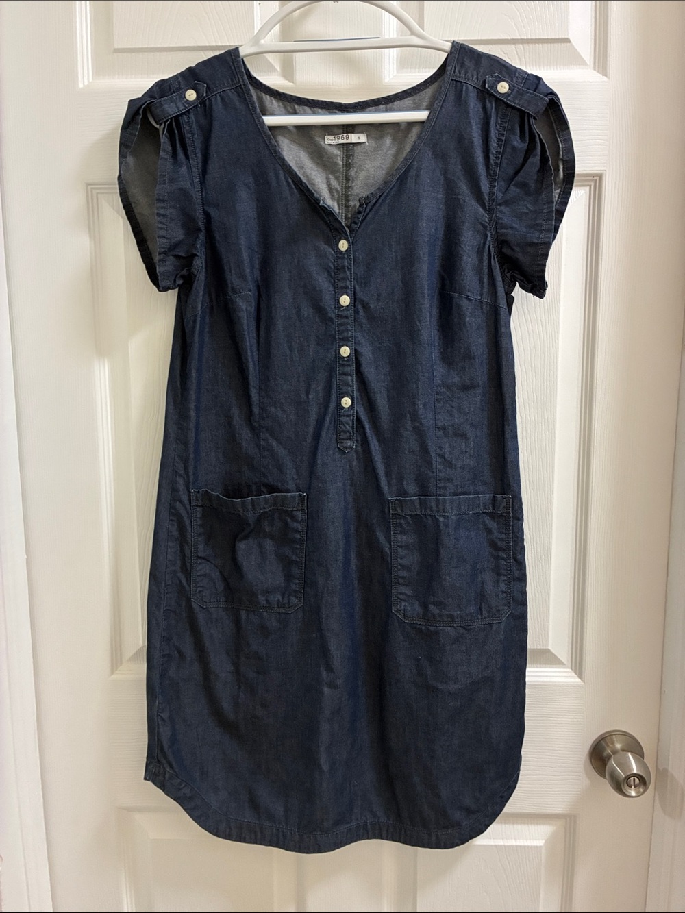 GAP Dark Blue Denim Henley Dress with Patch Pockets Small
